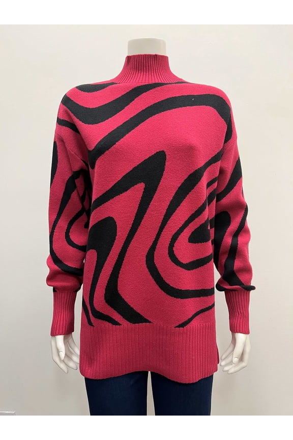 Women's pullover tunic long sleeve mock neck swirl jacquard Sweater with silts on sides