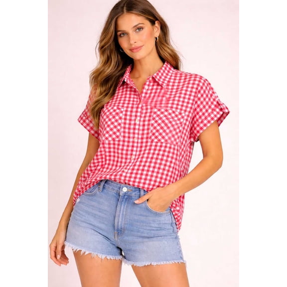 Ninety Womens plaid collared button down cuffed short sleeve 2 pockets Blouse
