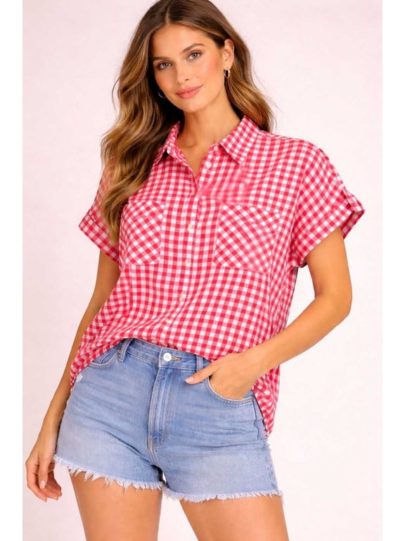 Womens plaid collared button down short cuffed sleeve 2 pockets Blouse