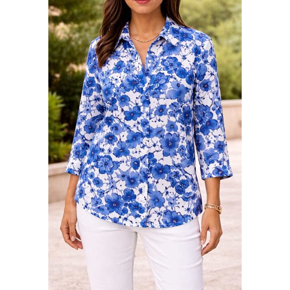 Ninety Womens printed collared button down 3/4 cuffed sleeve Blouse