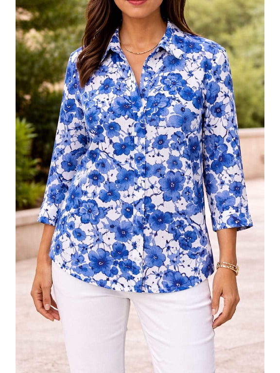 Womens printed collared button down 3/4 cuffed sleeve Blouse