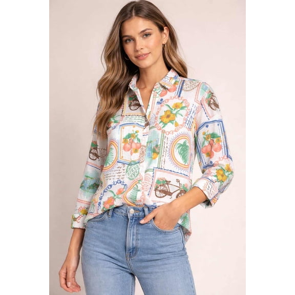 Ninety Womens printed collared button down 3/4 cuffed sleeve Blouse