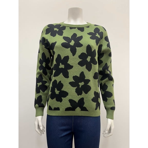 Ninety Womens pullover long sleeve crew neck intarsia flower Sweater .