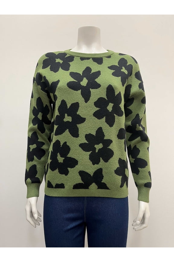 Womens pullover long sleeve crew neck intarsia flower Sweater .