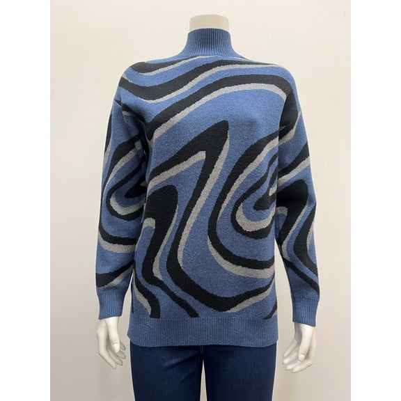 Ninety Womens pullover tunic long sleeve mock neck jacquard swirl Sweater with side slits