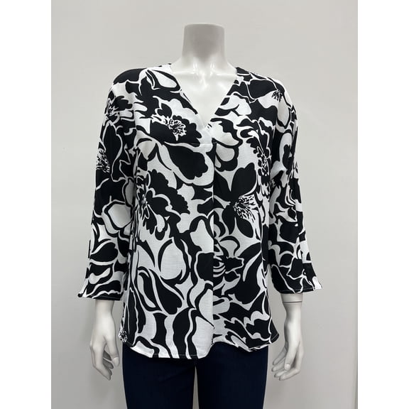 Ninety printed 3/4 Dolman sleeve V neck front pleat side slits Blouse , Black/White , L