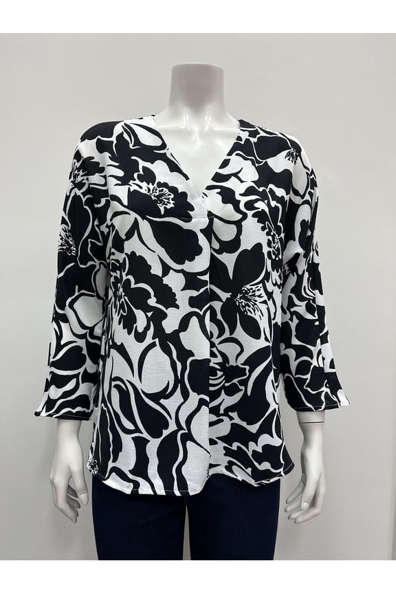 printed 3/4 Dolman sleeve V neck front pleat side slits Blouse