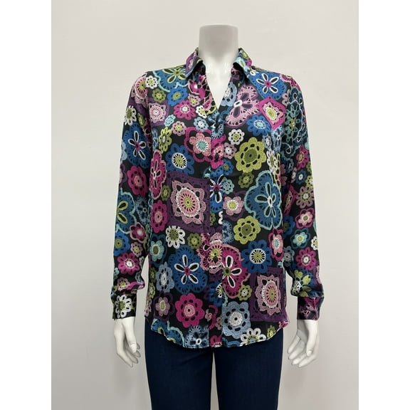 Ninety printed long sleeve collared button down Blouse , Multi , M