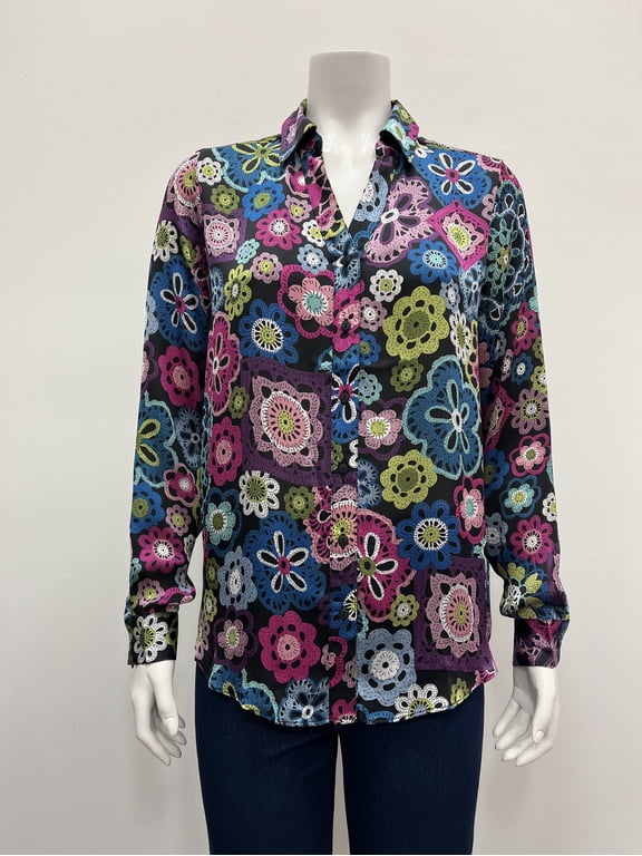 printed long sleeve collared button down Blouse , Multi , S
