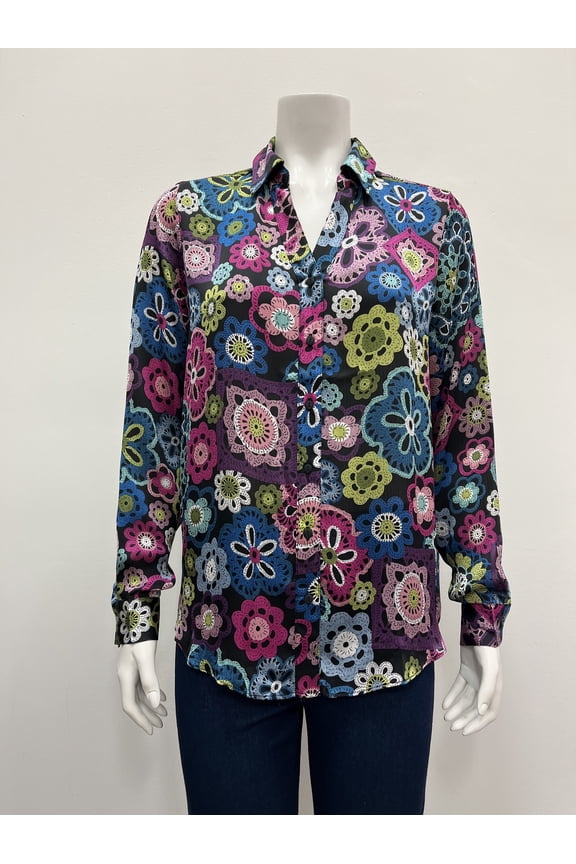 printed long sleeve collared button down Blouse , Multi , S