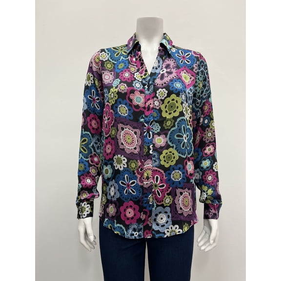 Ninety printed long sleeve collared button down Blouse , Multi , XL