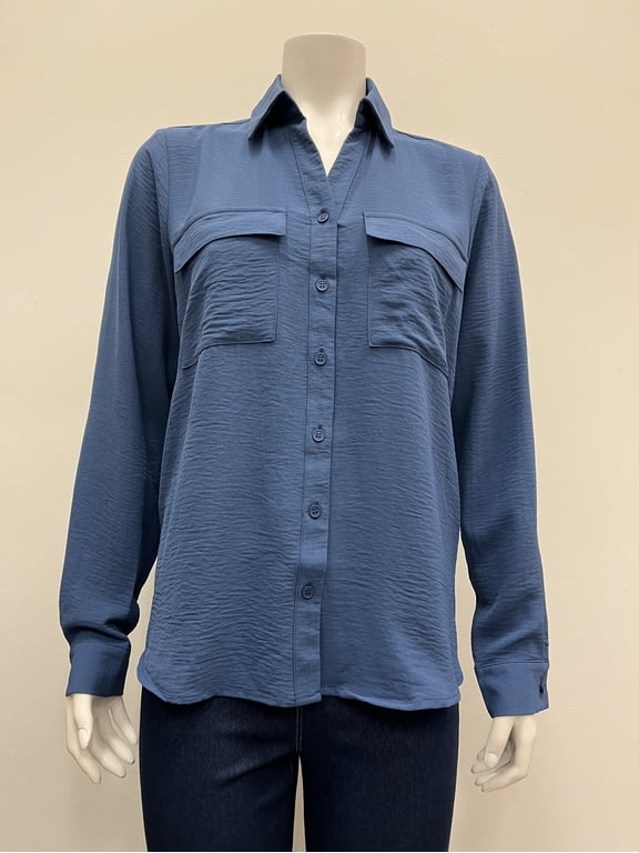 solid long sleeve collared button down 2 flap cest pocket Hi/Low Blouse , Indigo , M