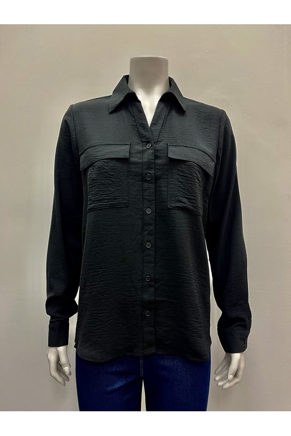 solid long sleeve collared button down 2 flap chest pocket Hi Low Blouse , Black , S