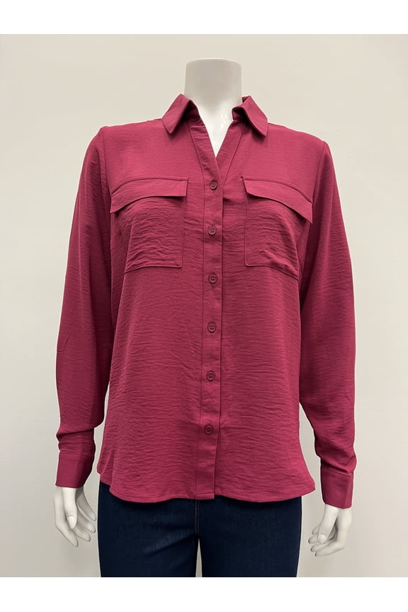solid long sleeve collared button down 2 flap chest pocket Hi Low Blouse , Chianti , L