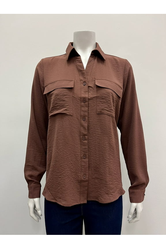 solid long sleeve collared button down 2 flap chest pocket Hi Low Blouse , Chocolate , M