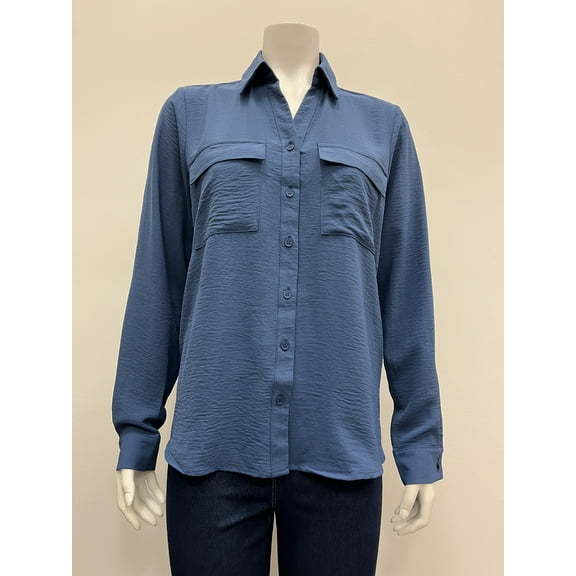 Ninety solid long sleeve collared button down 2 flap chest pocket Hi/Low Blouse , Indigo , S