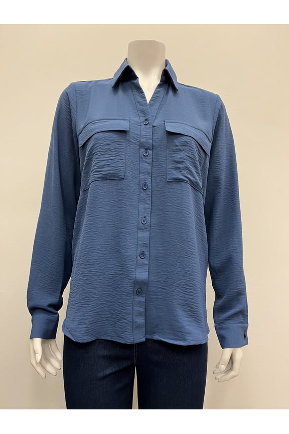 solid long sleeve collared button down 2 flap chest pocket Hi/Low Blouse , Indigo , S