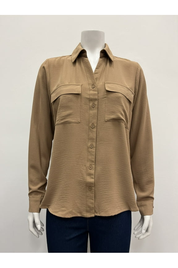 solid long sleeve collared button down 2 flap chest pocket Hi Low Blouse , Peanut , M