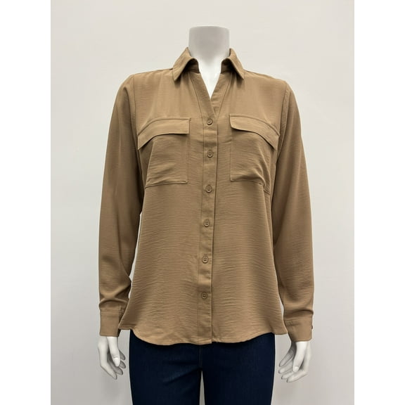 Ninety solid long sleeve collared button down 2 flap chest pocket Hi Low Blouse , Peanut , S