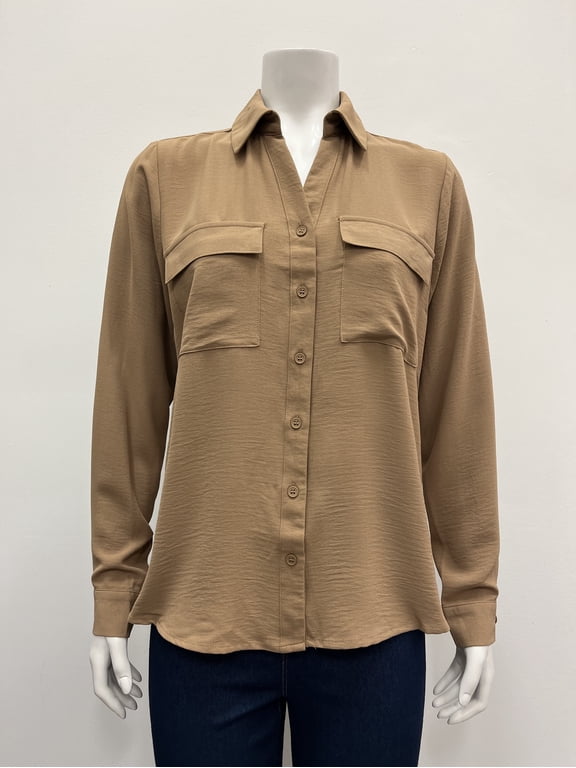 solid long sleeve collared button down 2 flap chest pocket Hi Low Blouse , Peanut , S