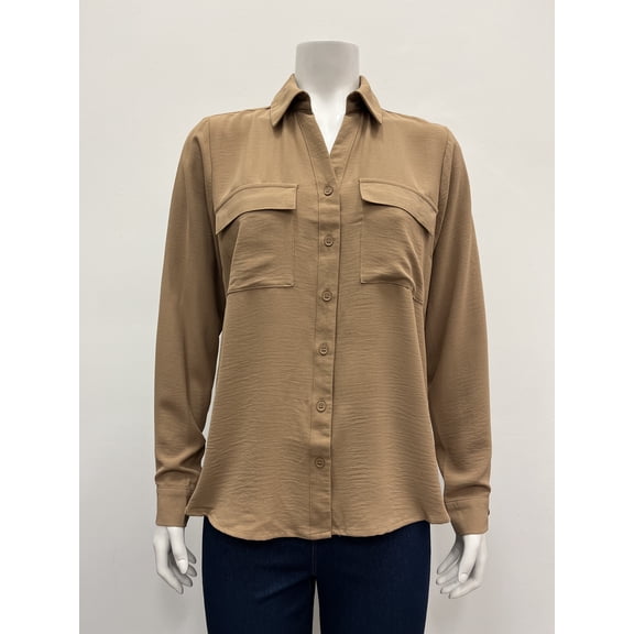 Ninety solid long sleeve collared button down 2 flap chest pocket Hi Low Blouse , Peanut , XL