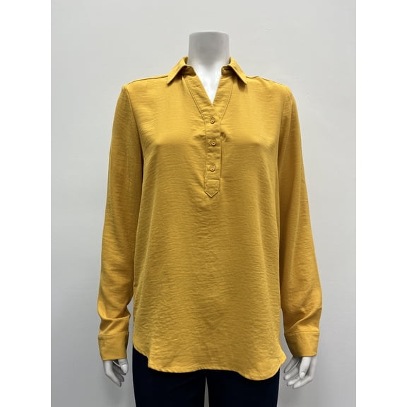 Ninety solid long sleeve open collar Hanley Blouse , Mustard , M