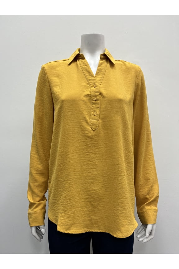 solid long sleeve open collar Hanley Blouse , Mustard , M