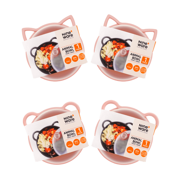 Nineware Animal Bowl Set with Lid (Set of 4) | 15oz (450ml ) x 4 | Non Slip Silicone Padded | BPA Fee, Microwave, Dishwasher Safe | Made in Korea ( Cat, Bear )