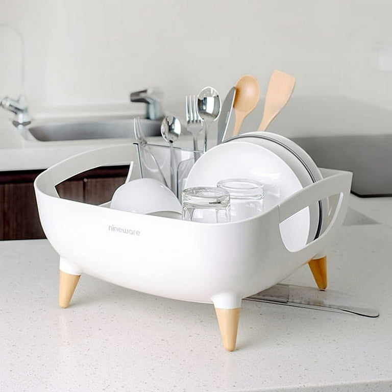 Nineware Compact Dish Drying Rack, 14.6x13.8x6.3 (37x35x16cm), 360 Degree  Rotatable water drain, Utensil holder included