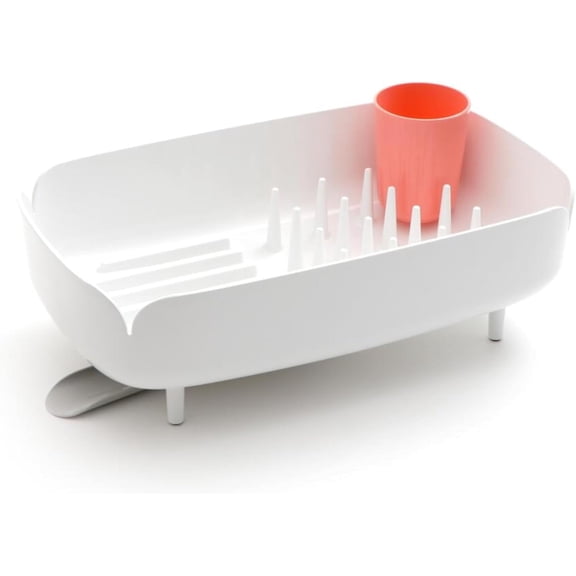 Nineware Sleek Dish Drying Rack with Spoon Holder, Compact Dish Drainer, Stylish Countertop Organizer with Drainage Spout for Small Kitchens & Apartments, Made in Korea (Coral)