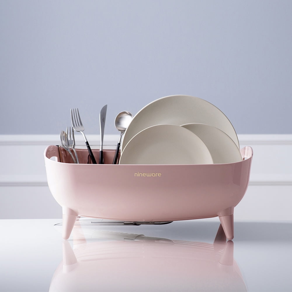 Nineware Wide Volume Dish Drying Rack | 17.3 x 15 x 7.1" (44x38x18cm), 360° Rotatable water drain | Large utensil holder included, ABS plastic material | Made in Korea