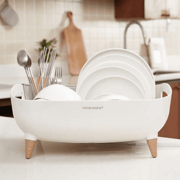 Nineware Wide Volume Dish Drying Rack | 17.3 x 15 x 7.1" (44x38x18cm), 360° Rotatable water drain | Large utensil holder included | Made in Korea