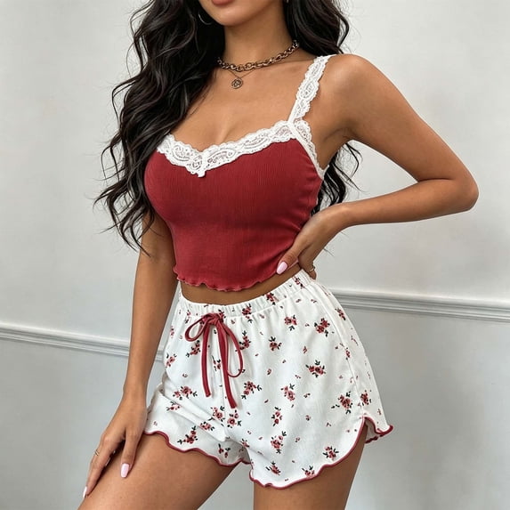 Ninixx 2 Piece Pajama Set for Women Lace Trim Ribbed Cami Tops Floral Printed Shorts Scalloped Hem Soft Cute Loungewear