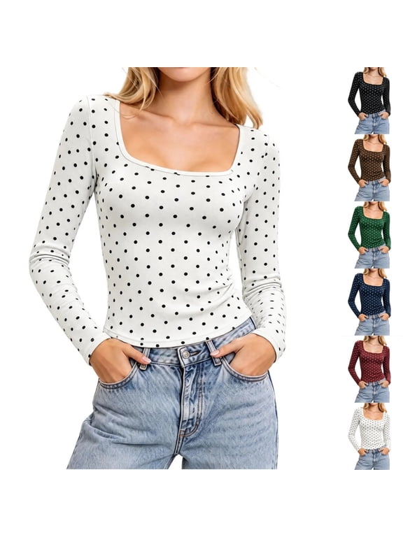 Polka Dot Long Sleeve Tops for Women Square Neck Slim Fitted Stretchy Fabric Casual Layering Tops