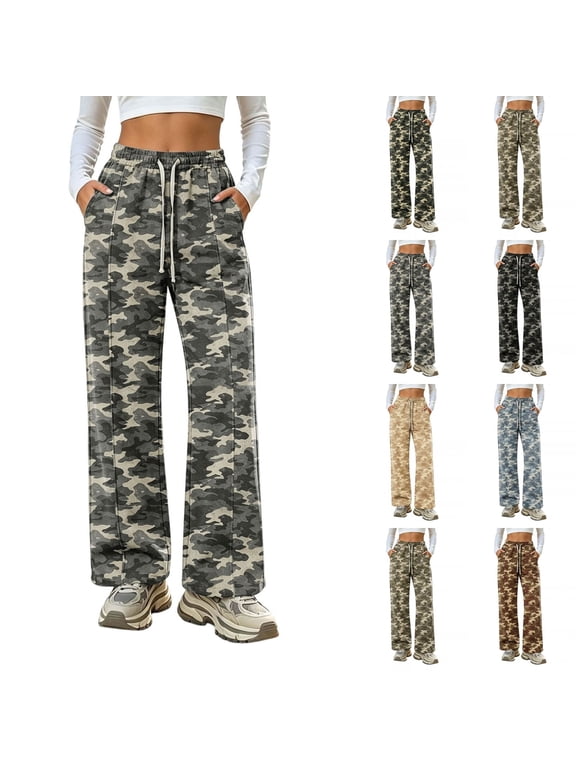 Womens Camo Printed Wide Leg Pants Elastic Drawstring Waist Loose Pants with Side Pockets for Outdoor Casual Wear