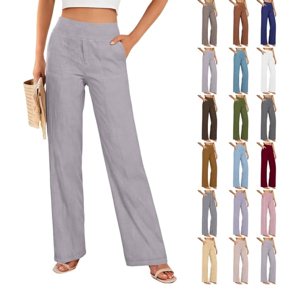 Ninixx Womens Casual High Waisted Wide Leg Pants Cotton Linen Relaxed Fit Straight Trousers with Pockets