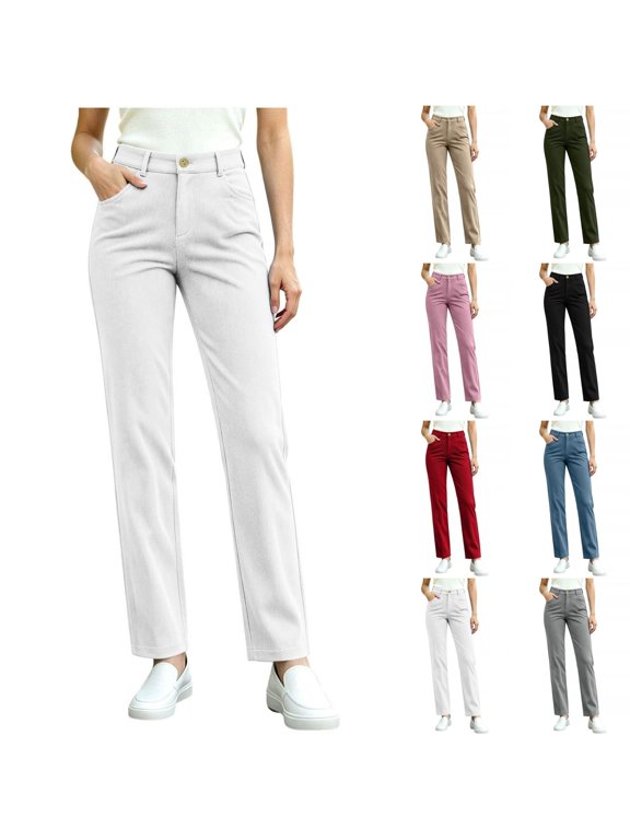 Womens Casual Solid Color Fashion High Waisted Pants Button Fly Straight Leg Strech Pants