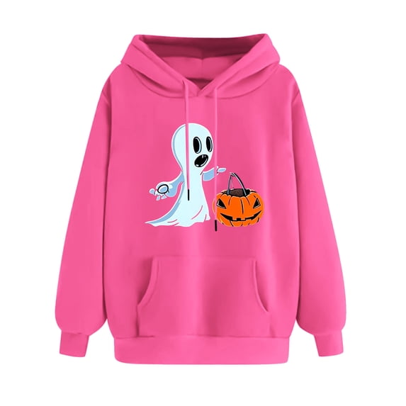 Ninixx Womens Halloween Cute Ghost Pumpkin Printed Sweatshirt Long Sleeve Drawstring Loose Hooded Tops with Kangaroo Pocket