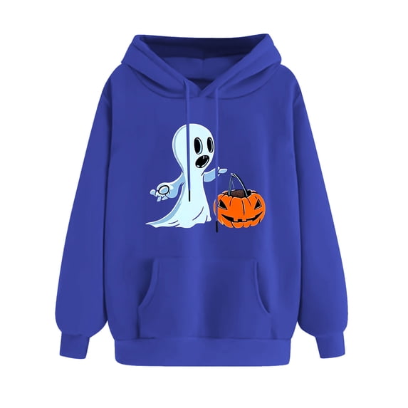 Ninixx Womens Halloween Cute Ghost Pumpkin Printed Sweatshirt Long Sleeve Drawstring Loose Hooded Tops with Kangaroo Pocket