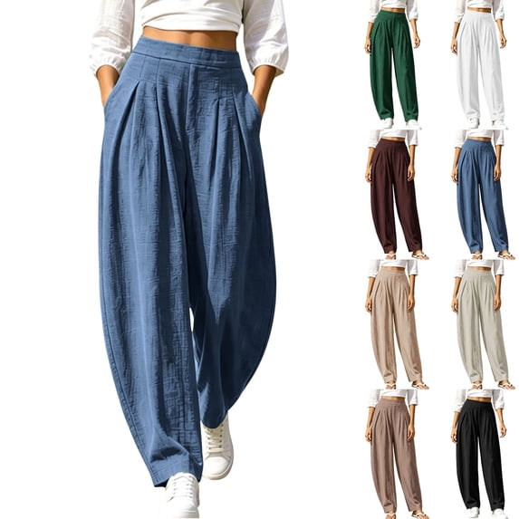 Ninixx Womens High Waist Barrel Leg Pants Cotton Linen Pleated Wide Leg Trousers with Pockets Relaxed Fit