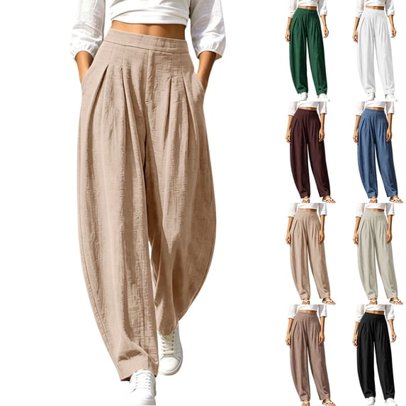 Ninixx Womens High Waist Barrel Leg Pants Cotton Linen Pleated Wide Leg Trousers with Pockets Relaxed Fit