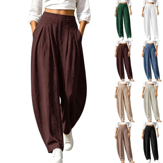 Ninixx Womens High Waist Barrel Leg Pants Cotton Linen Pleated Wide Leg Trousers with Pockets Relaxed Fit