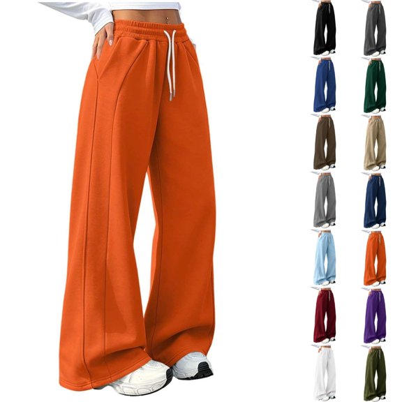 Ninixx Womens High Waist Loose Straight Leg Pants Solid Elastic Drawstring Waist Wide Leg Pants with Pockets