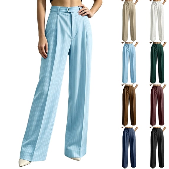 Ninixx Womens High Waist Pinstripe Dress Pants Straight Leg Pleated Front Trousers with Pockets for Work