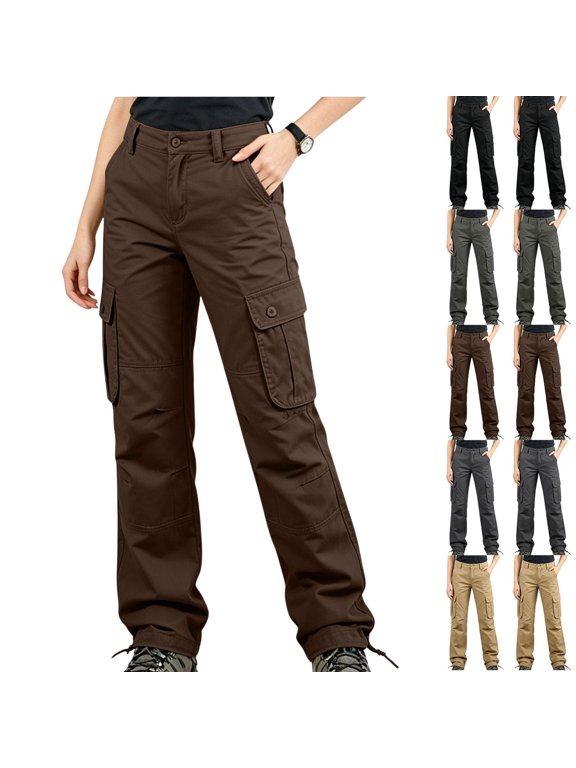 Womens Outdoor Cargo Pants Straight Leg Utility Multi Pockets Drawstring Hem Workwear