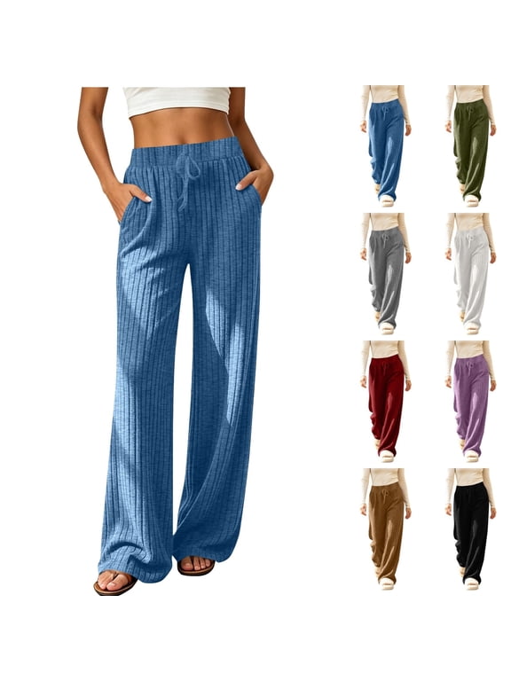 Womens Ribbed Knit Wide Leg Pants Drawstring Elastic Waist Relaxed Lounge Trousers with Pockets