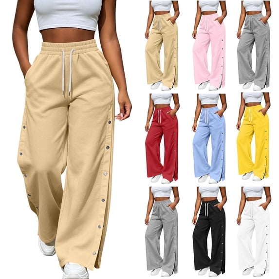 Ninixx Womens Side Button Sweatpants Drawstring Waist Wide Leg Casual Lounge Pants with Pockets