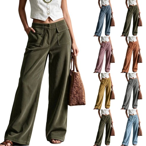 Ninixx Womens Solid Color Button Zip Fly Pants Elastic Waist Straight Leg Pants with Patch Pockets