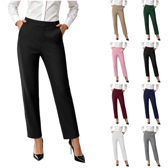 Ninixx Womens Straight Leg Business Casual Slacks Elastic Waist Dressy Trousers with Pockets Work Office Outfits for Daily Wear