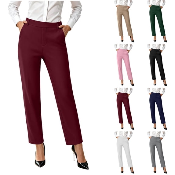 Ninixx Womens Straight Leg Business Casual Slacks Elastic Waist Dressy Trousers with Pockets Work Office Outfits for Daily Wear